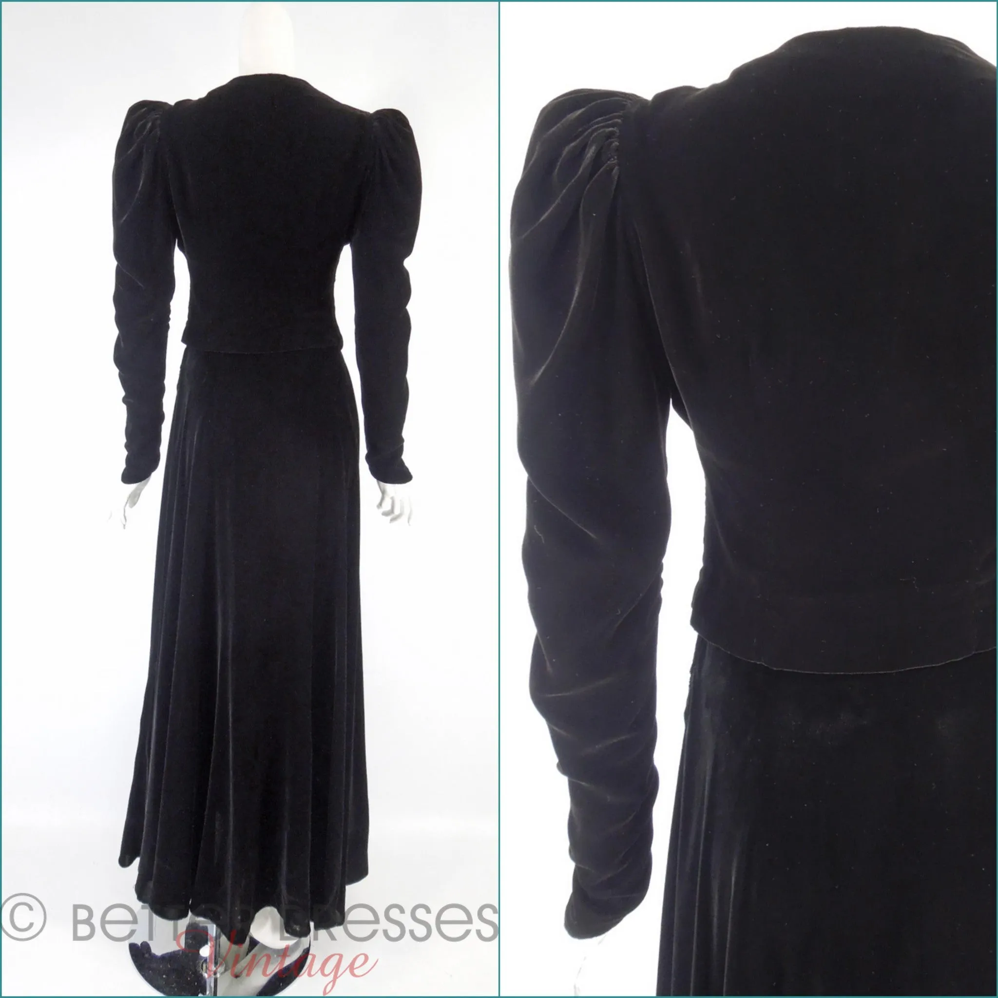 30s Black Velvet Dress & Jacket Set - sm