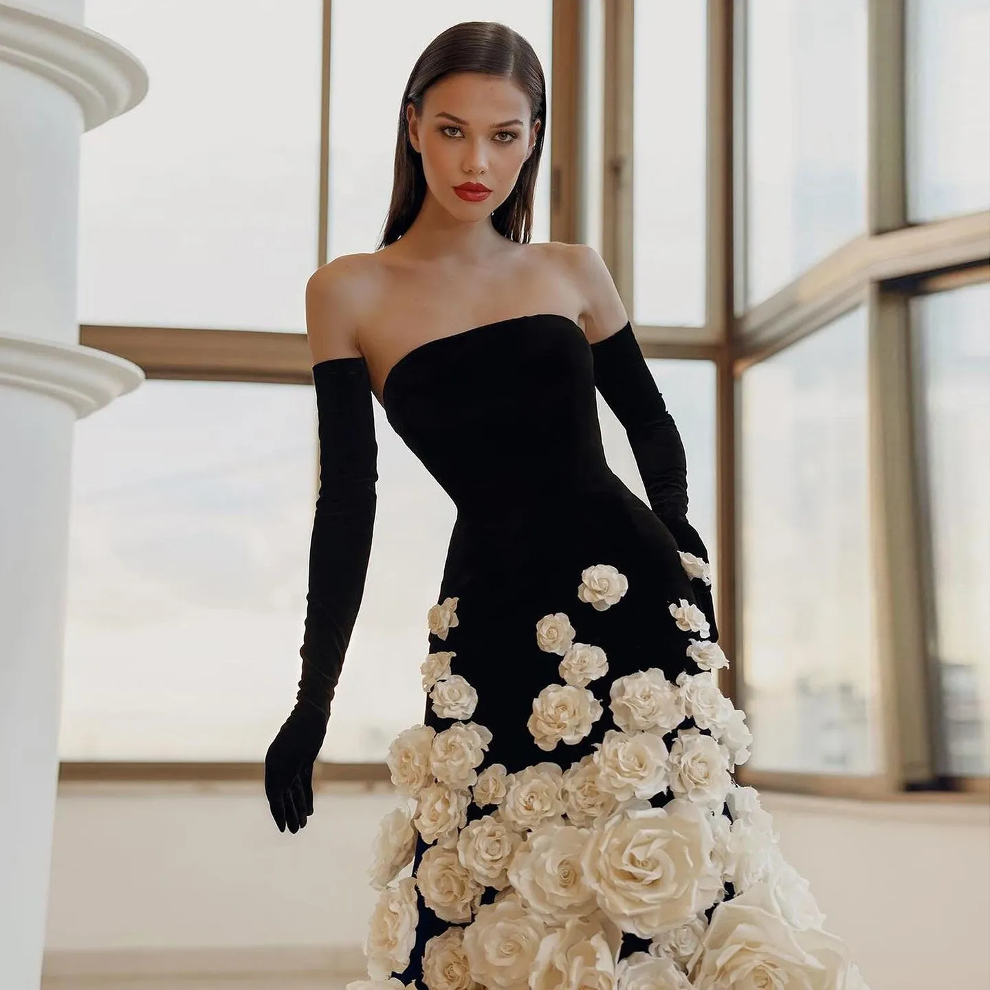 3D Flowers Black Velvet Strapless Evening Dress with Gloves SS248