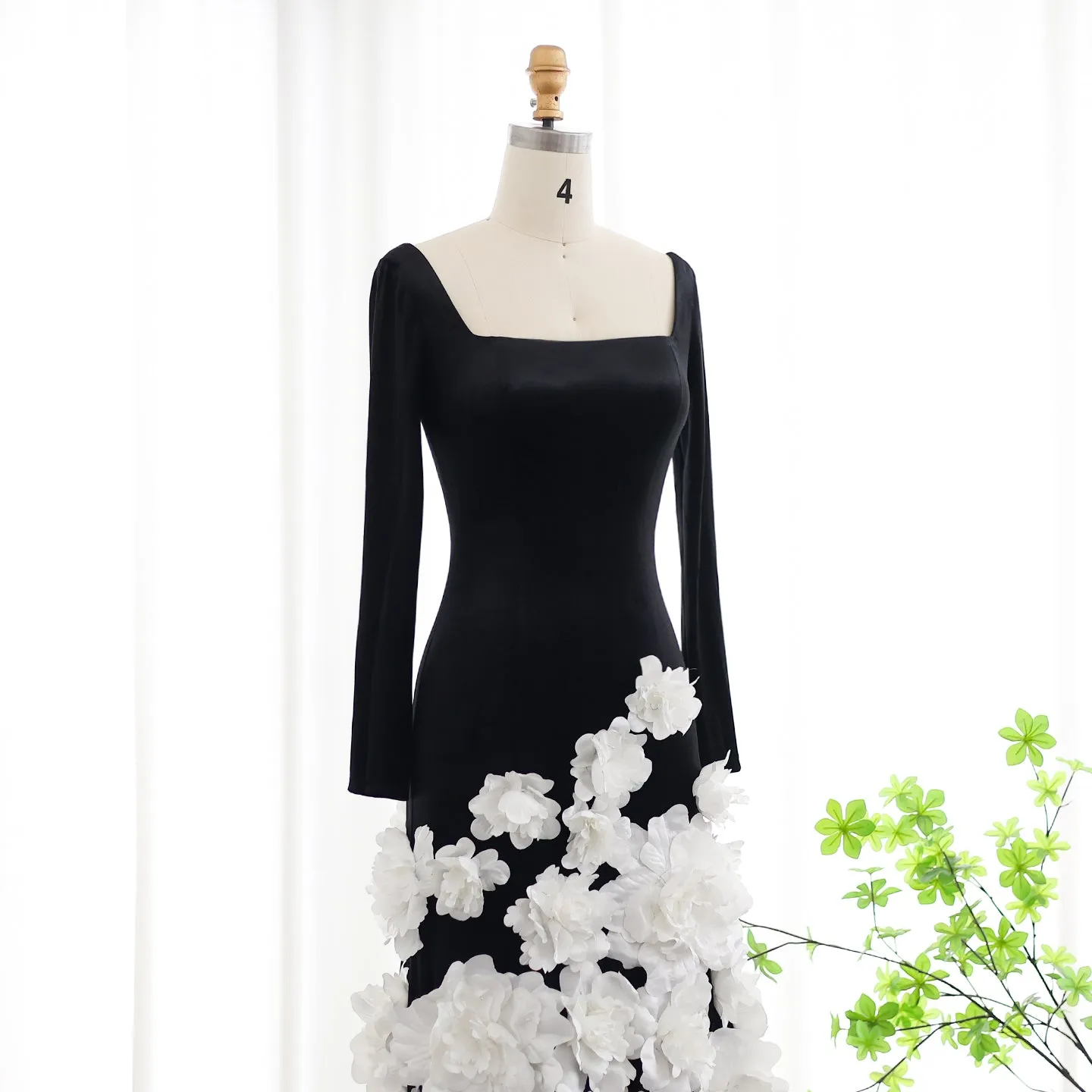 3D Flowers Black Velvet Strapless Evening Dress with Gloves SS248