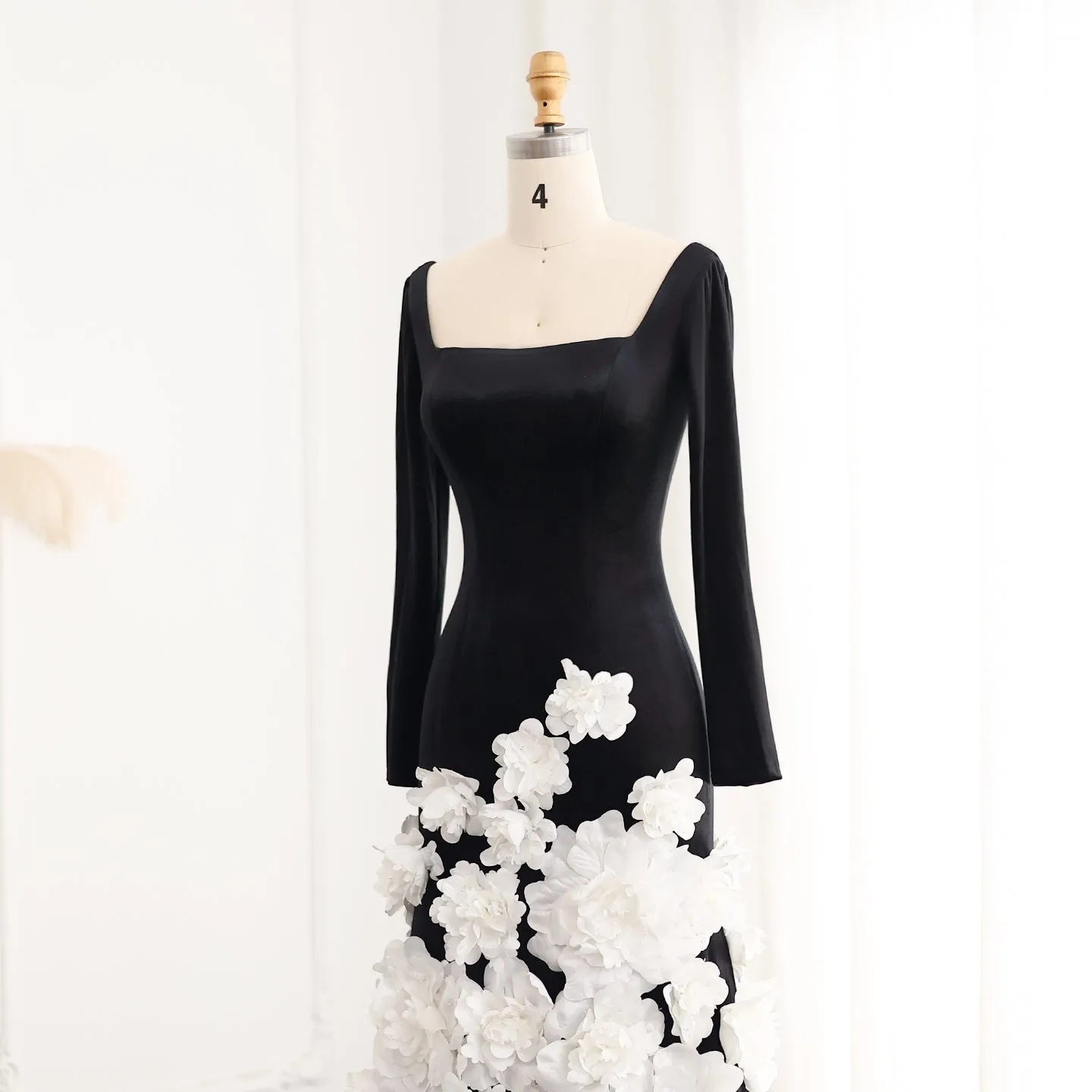 3D Flowers Black Velvet Strapless Evening Dress with Gloves SS248