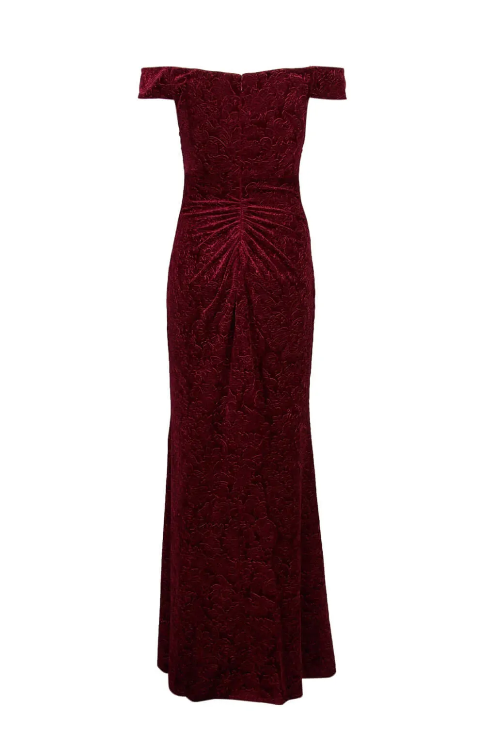 Aidan Mattox Off-Shoulder Zipper Back Ruched Floral Velvet Gown