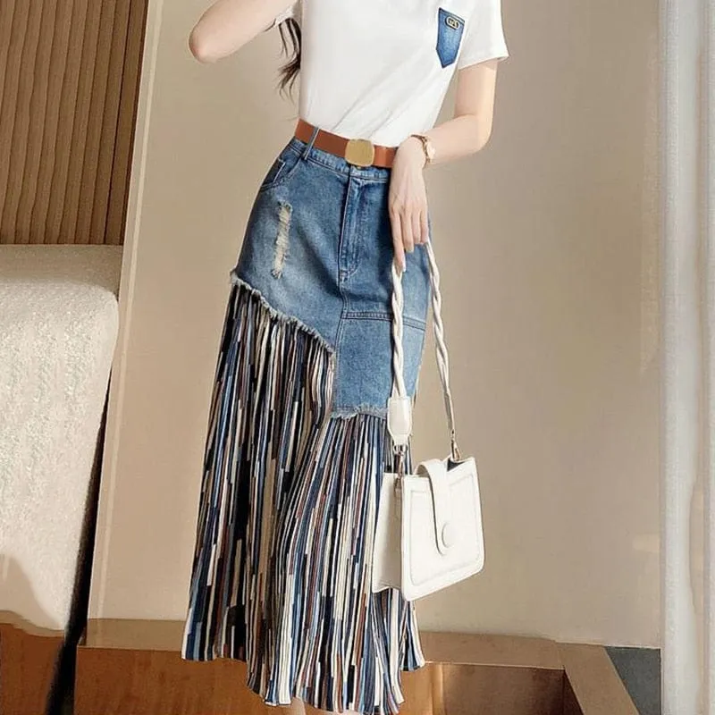 Asymmetrical Patchwork Denim Skirt