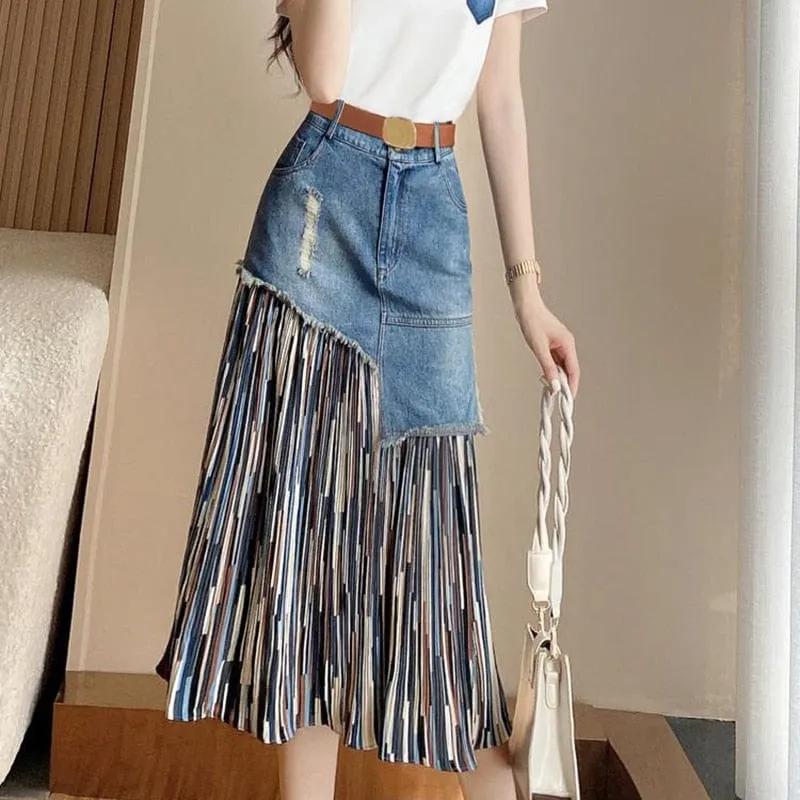 Asymmetrical Patchwork Denim Skirt