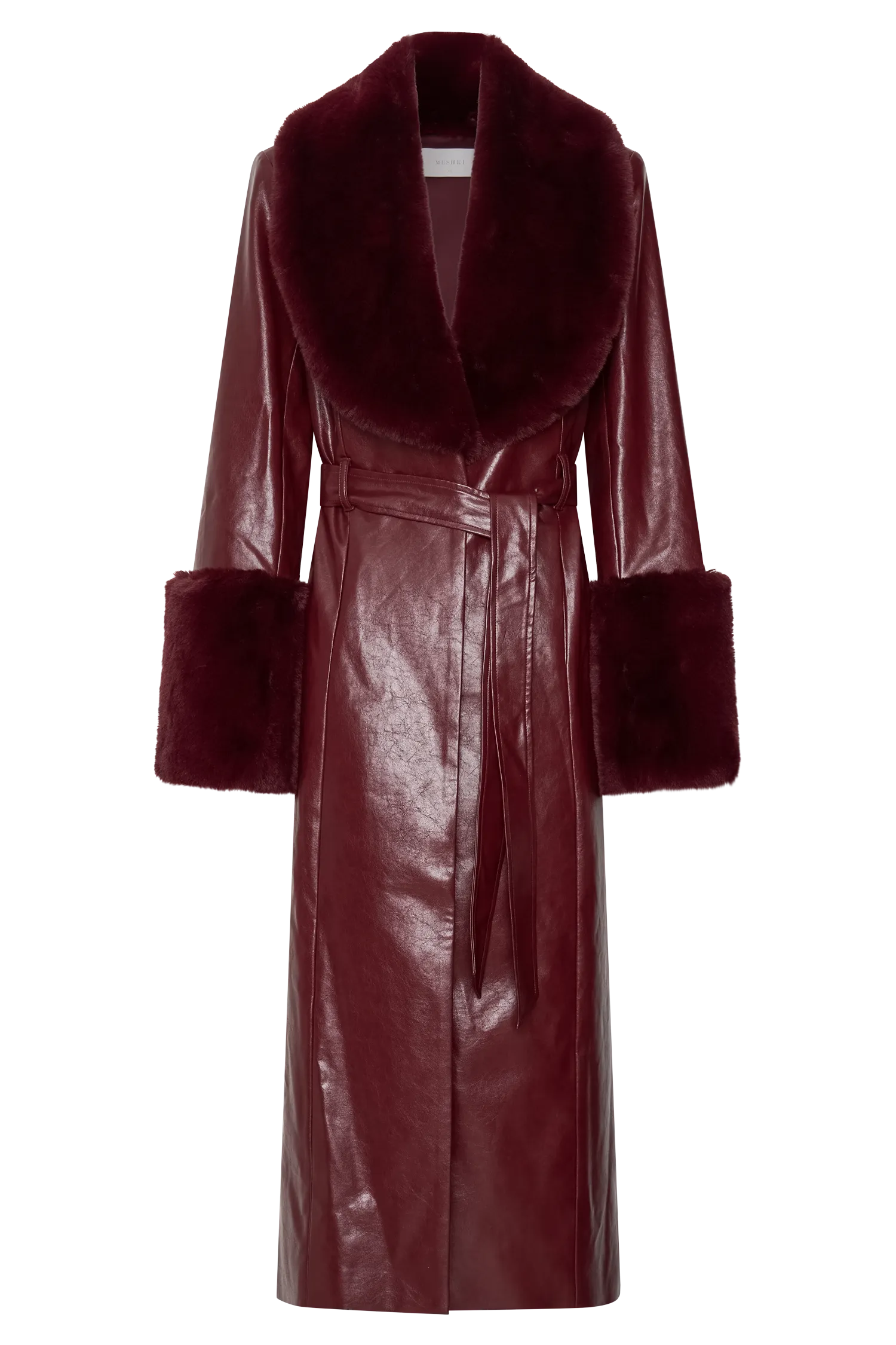 Bec Faux Leather Trench Coat With Faux Fur - Cherry Red