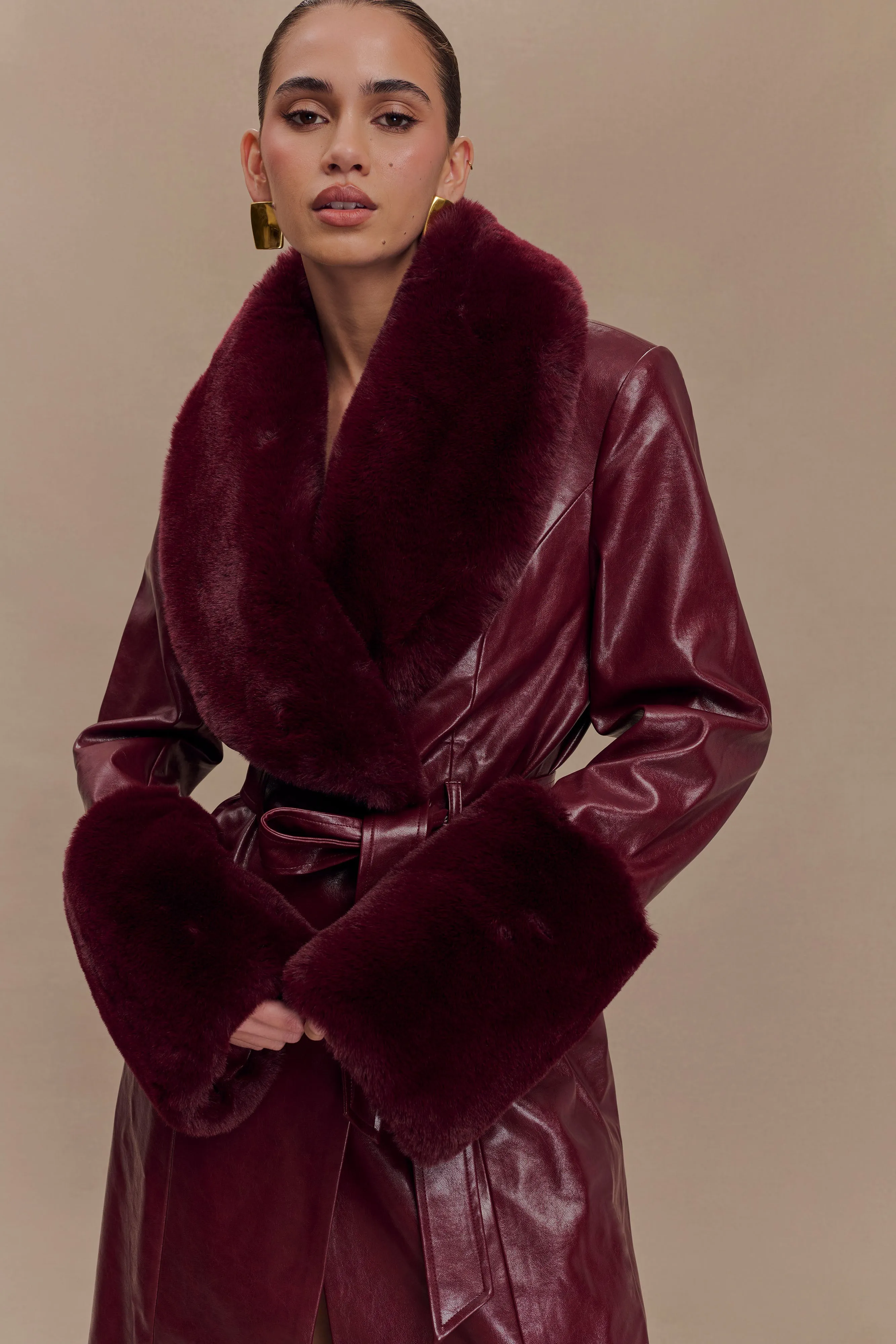 Bec Faux Leather Trench Coat With Faux Fur - Cherry Red