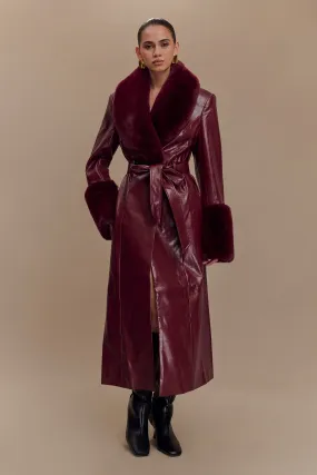 Bec Faux Leather Trench Coat With Faux Fur - Cherry Red