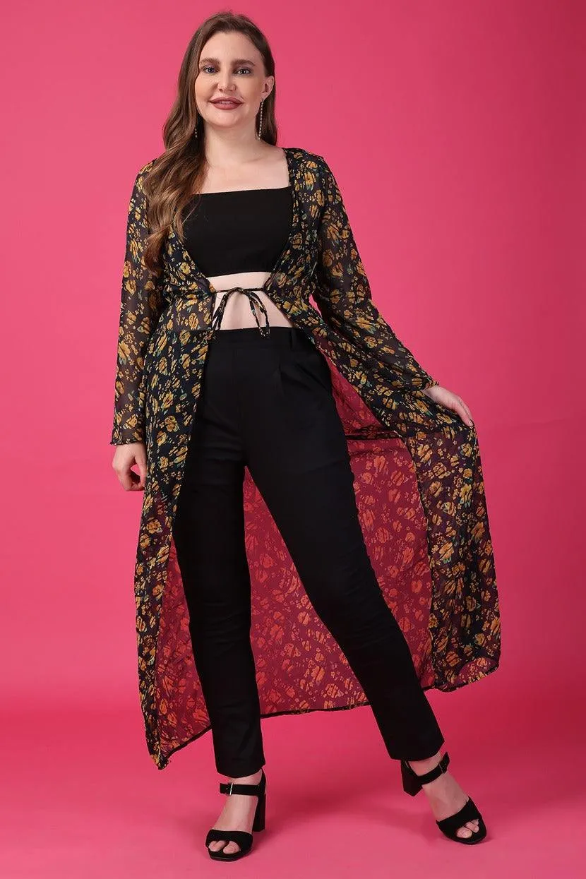 Black & Yellow Floral Printed Long Shrug