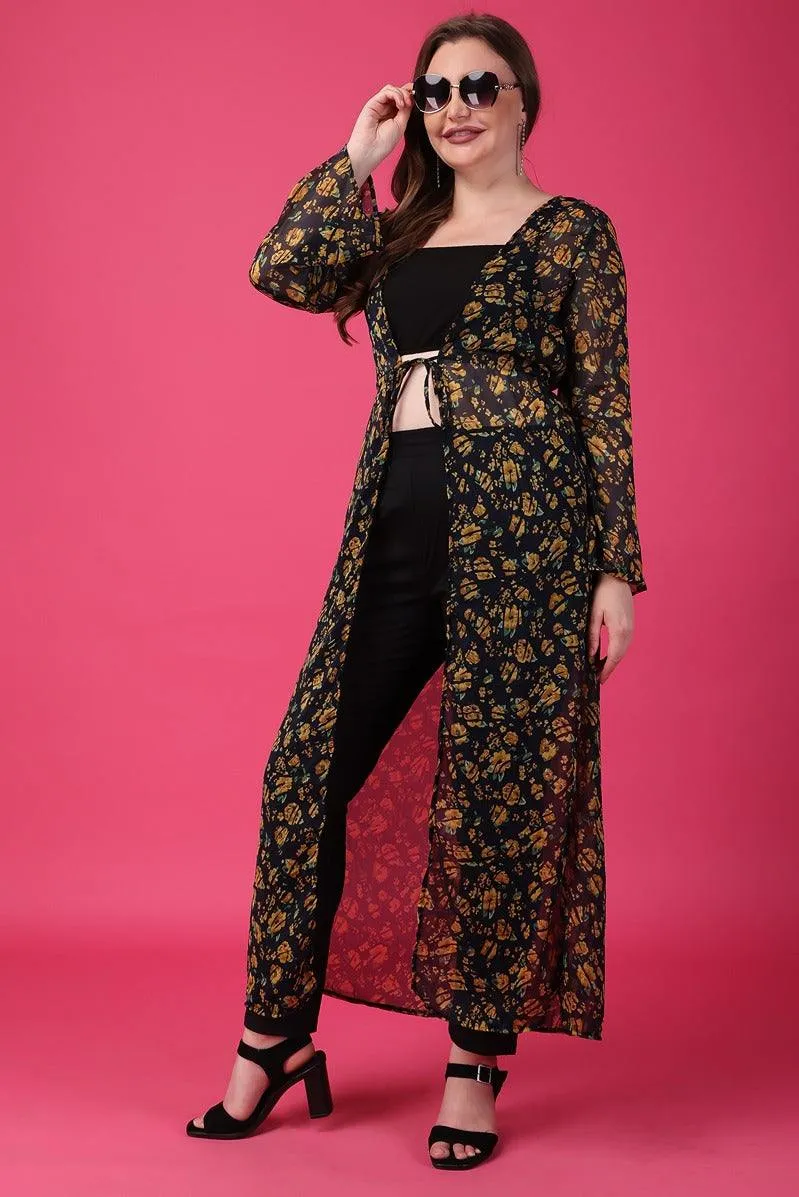 Black & Yellow Floral Printed Long Shrug