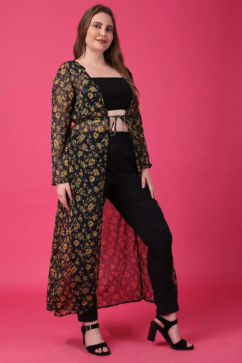 Black & Yellow Floral Printed Long Shrug