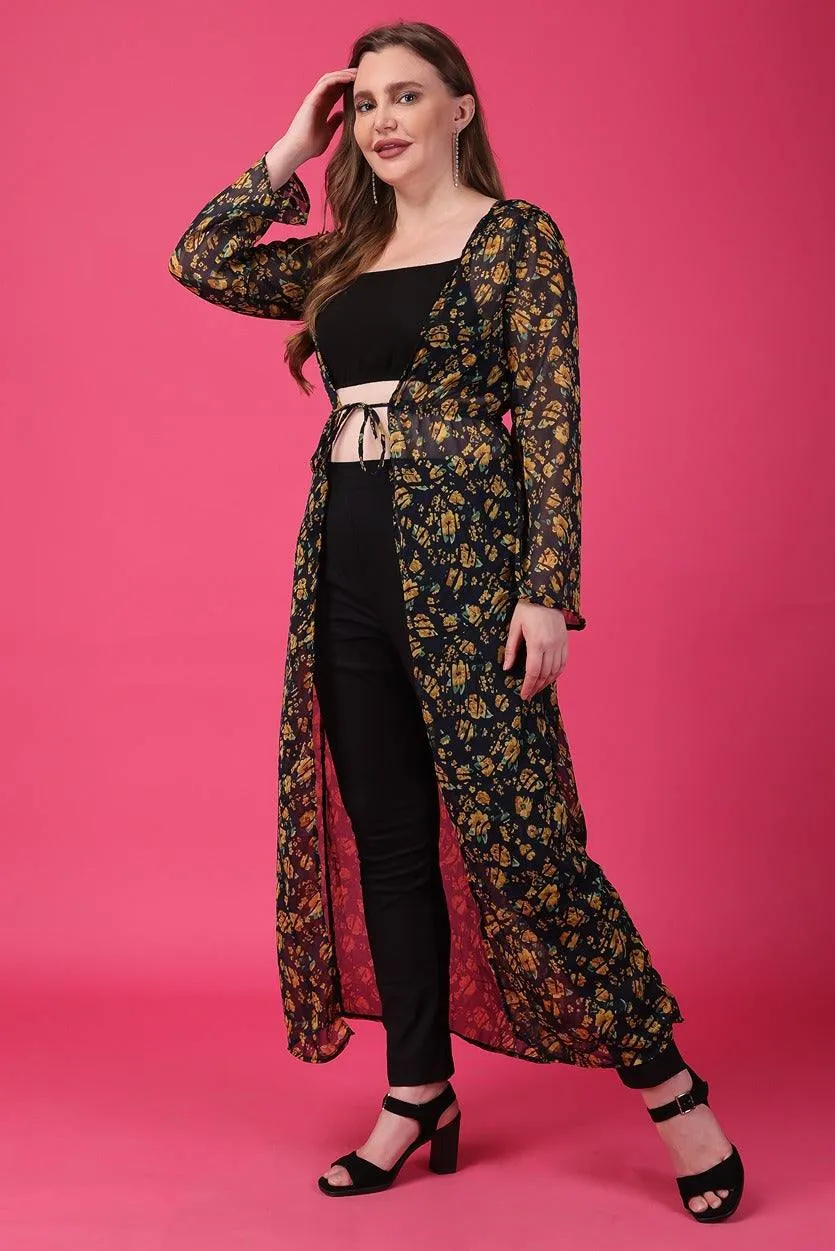 Black & Yellow Floral Printed Long Shrug