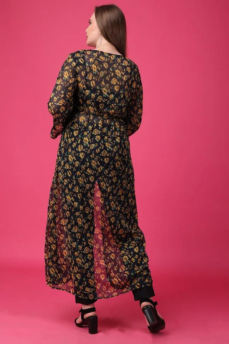 Black & Yellow Floral Printed Long Shrug