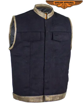 Black Canvas Motorcycle Vest with Distressed Brown Leather Trim