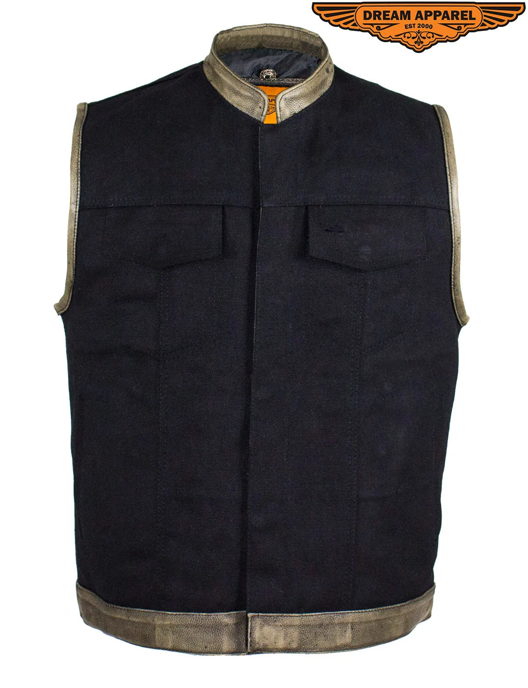 Black Canvas Motorcycle Vest with Distressed Brown Leather Trim