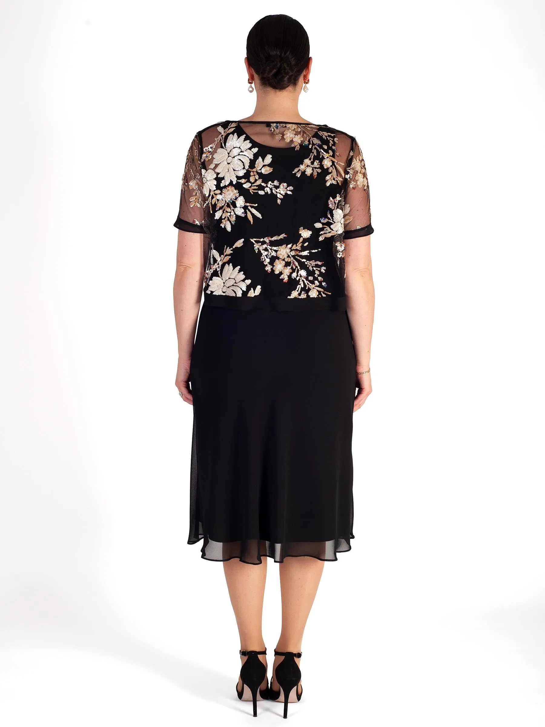 Black Chiffon Dress with Embroidered Sequin Mesh Overtop