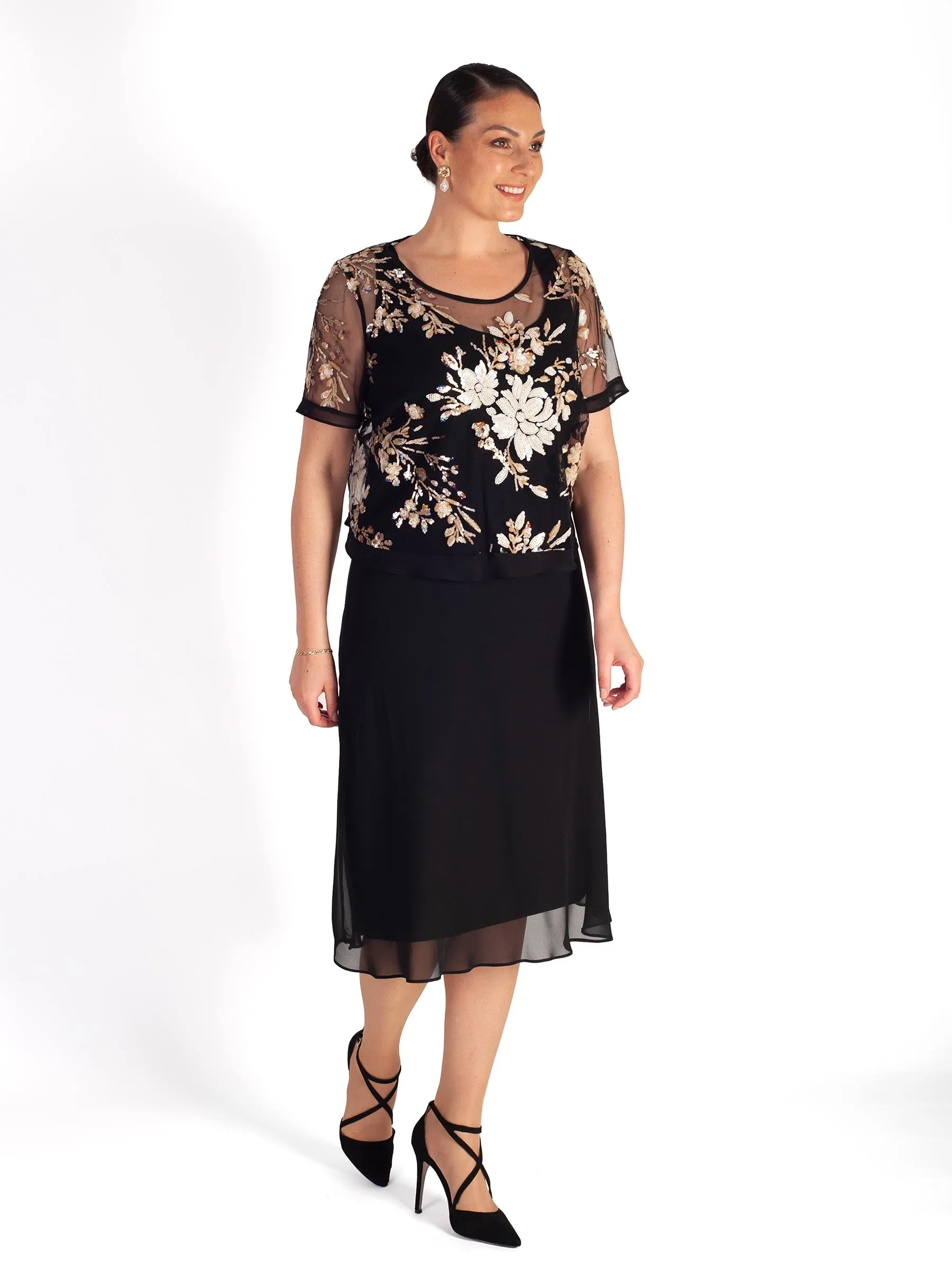 Black Chiffon Dress with Embroidered Sequin Mesh Overtop