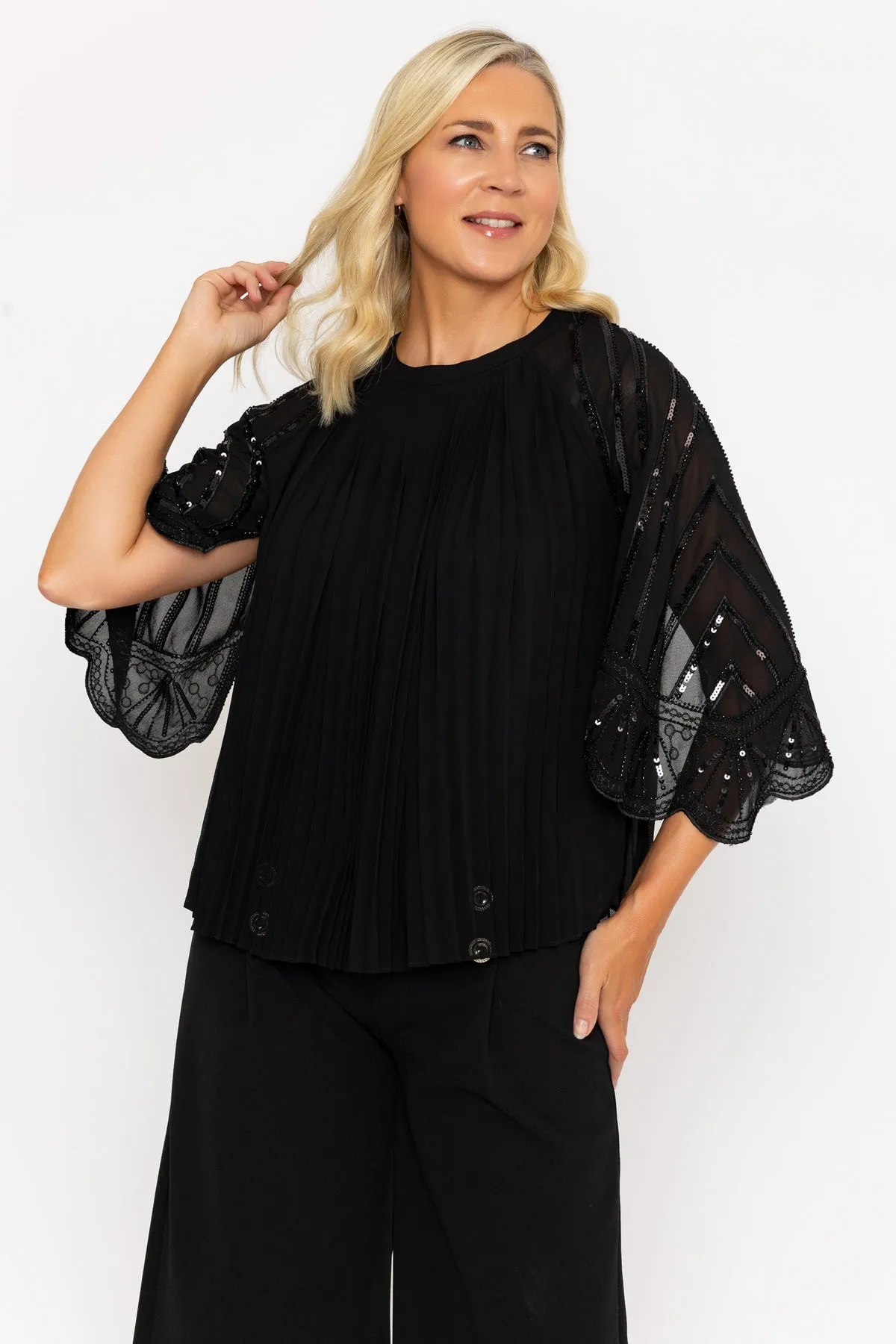 Black Pleated Beaded Top