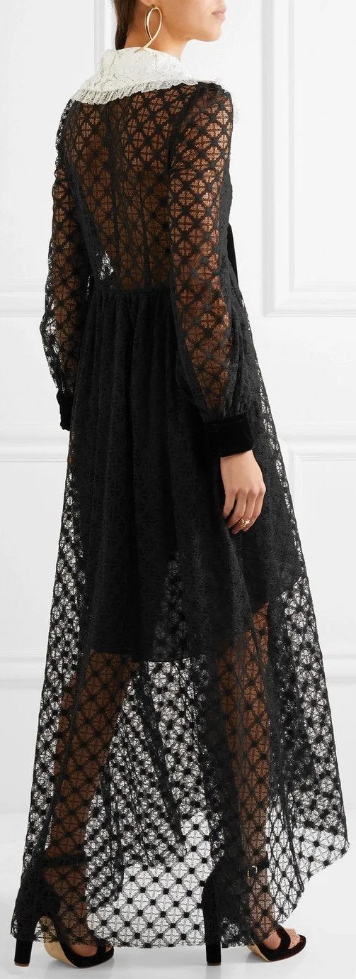 Black Velvet-Trimmed Lace Maxi Dress