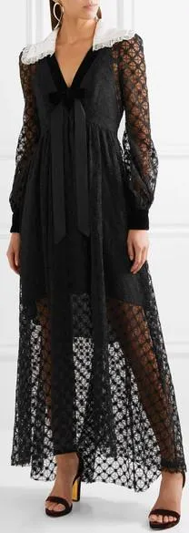 Black Velvet-Trimmed Lace Maxi Dress