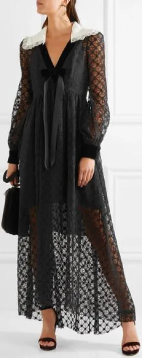 Black Velvet-Trimmed Lace Maxi Dress