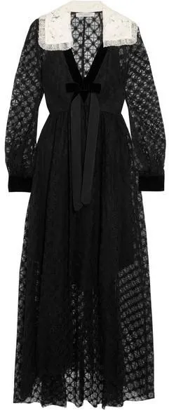 Black Velvet-Trimmed Lace Maxi Dress