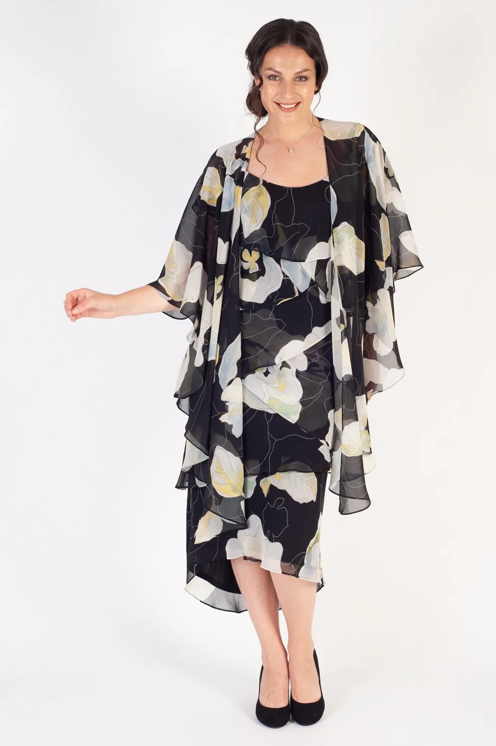 Black/Apple Multi Layered Gypsy Abstract Floral Chiffon Dress