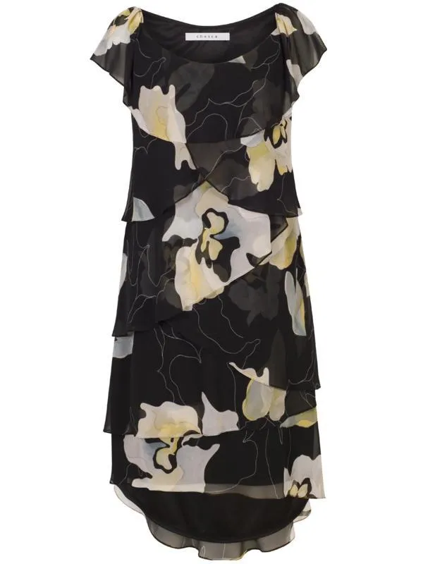 Black/Apple Multi Layered Gypsy Abstract Floral Chiffon Dress