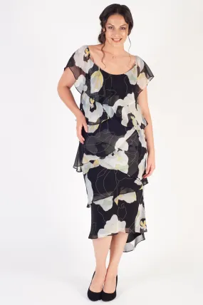 Black/Apple Multi Layered Gypsy Abstract Floral Chiffon Dress