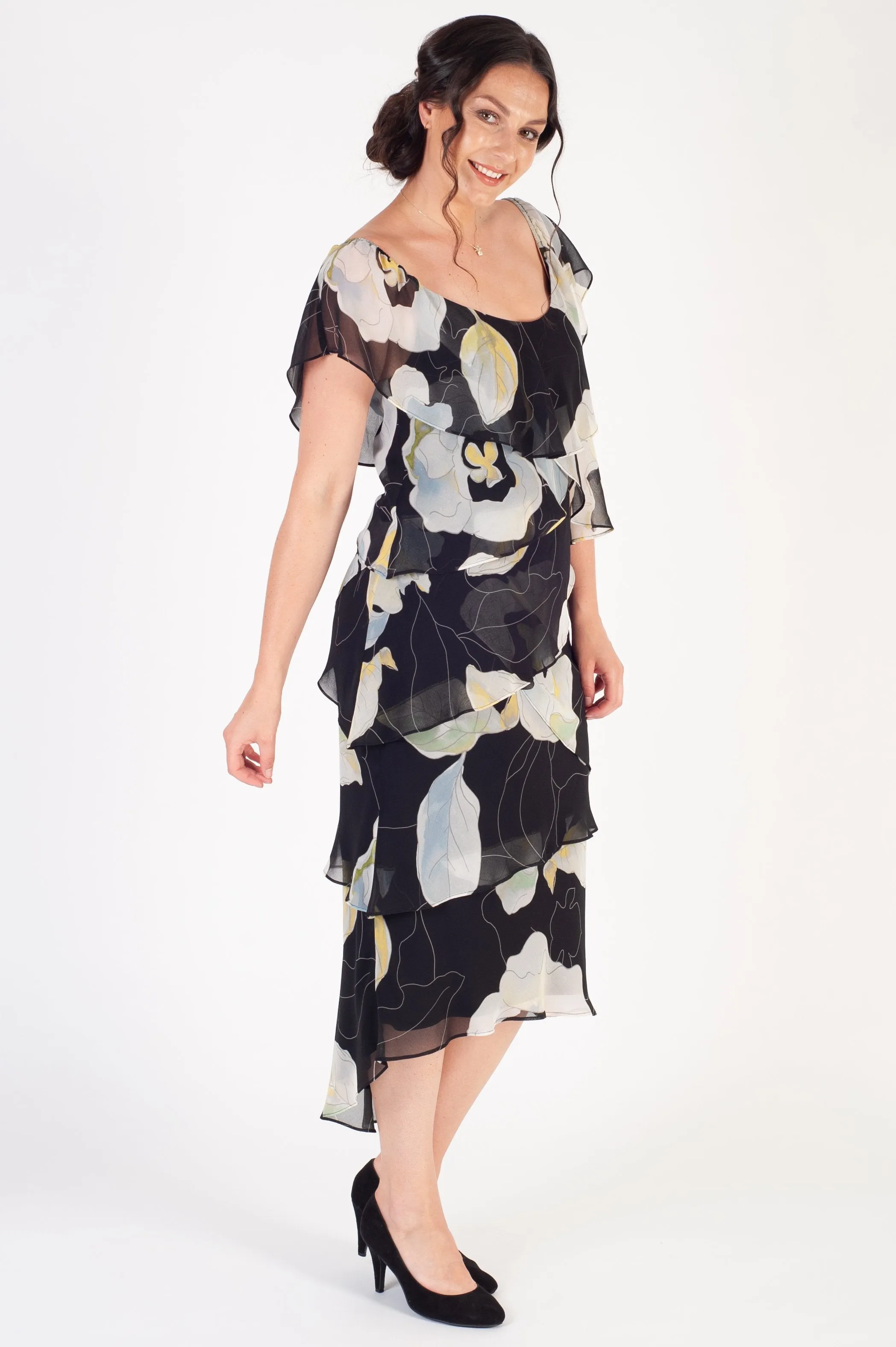 Black/Apple Multi Layered Gypsy Abstract Floral Chiffon Dress