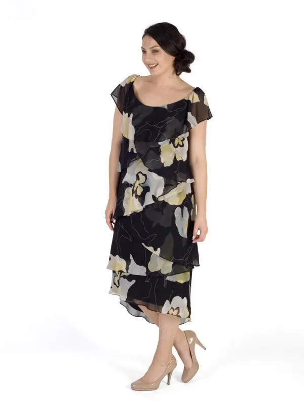 Black/Apple Multi Layered Gypsy Abstract Floral Chiffon Dress