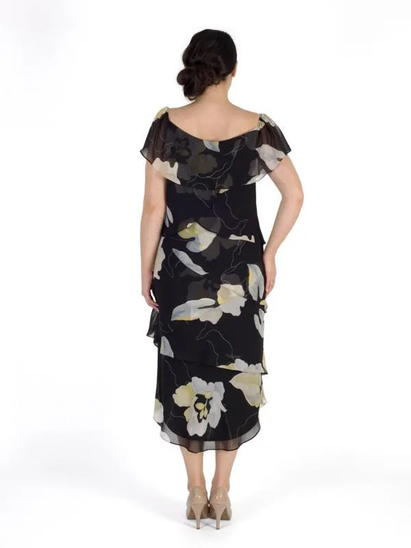 Black/Apple Multi Layered Gypsy Abstract Floral Chiffon Dress