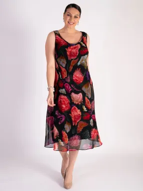 Black/Multi Rose Bouquet Print Bias Cut Chiffon Dress