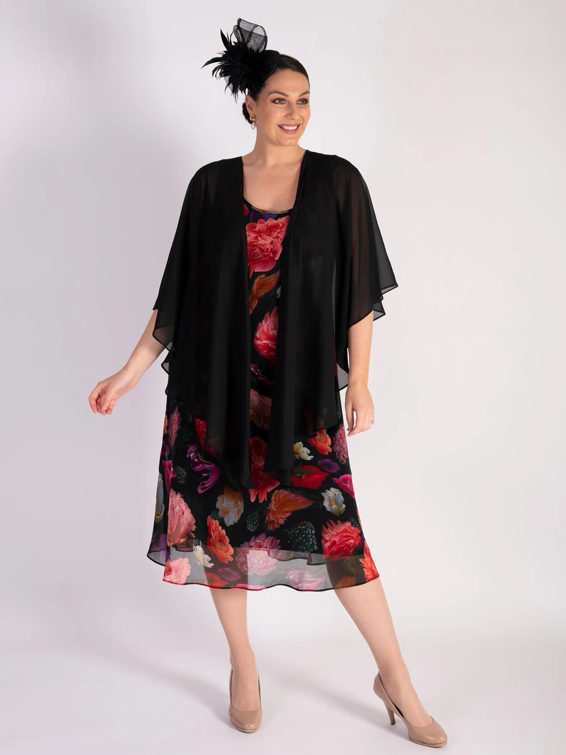 Black/Multi Rose Bouquet Print Bias Cut Chiffon Dress