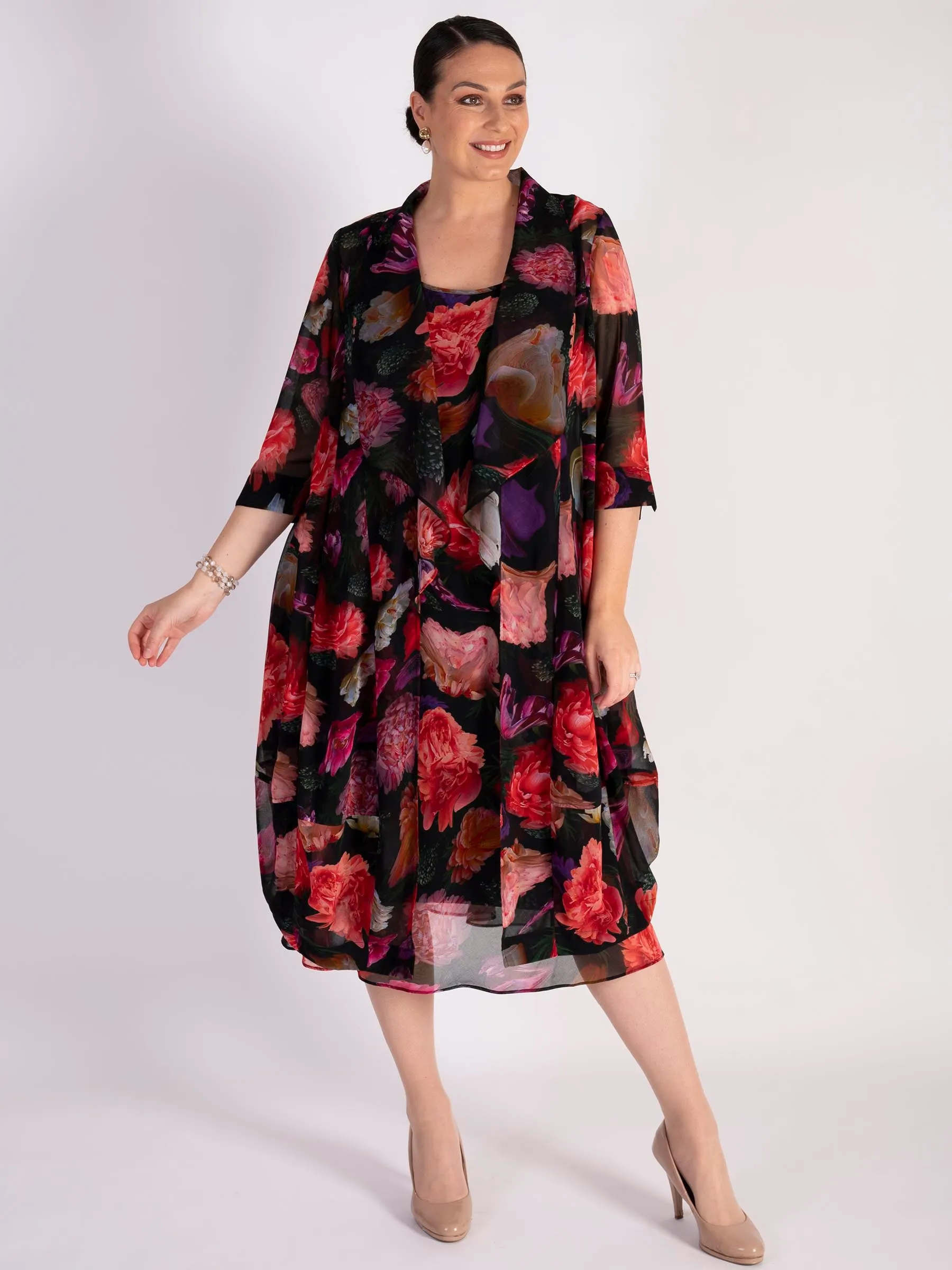 Black/Multi Rose Bouquet Print Bias Cut Chiffon Dress