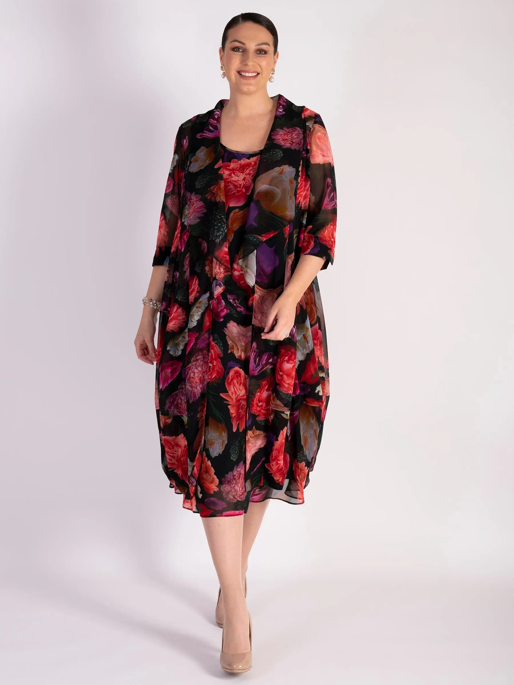 Black/Multi Rose Bouquet Print Bias Cut Chiffon Dress