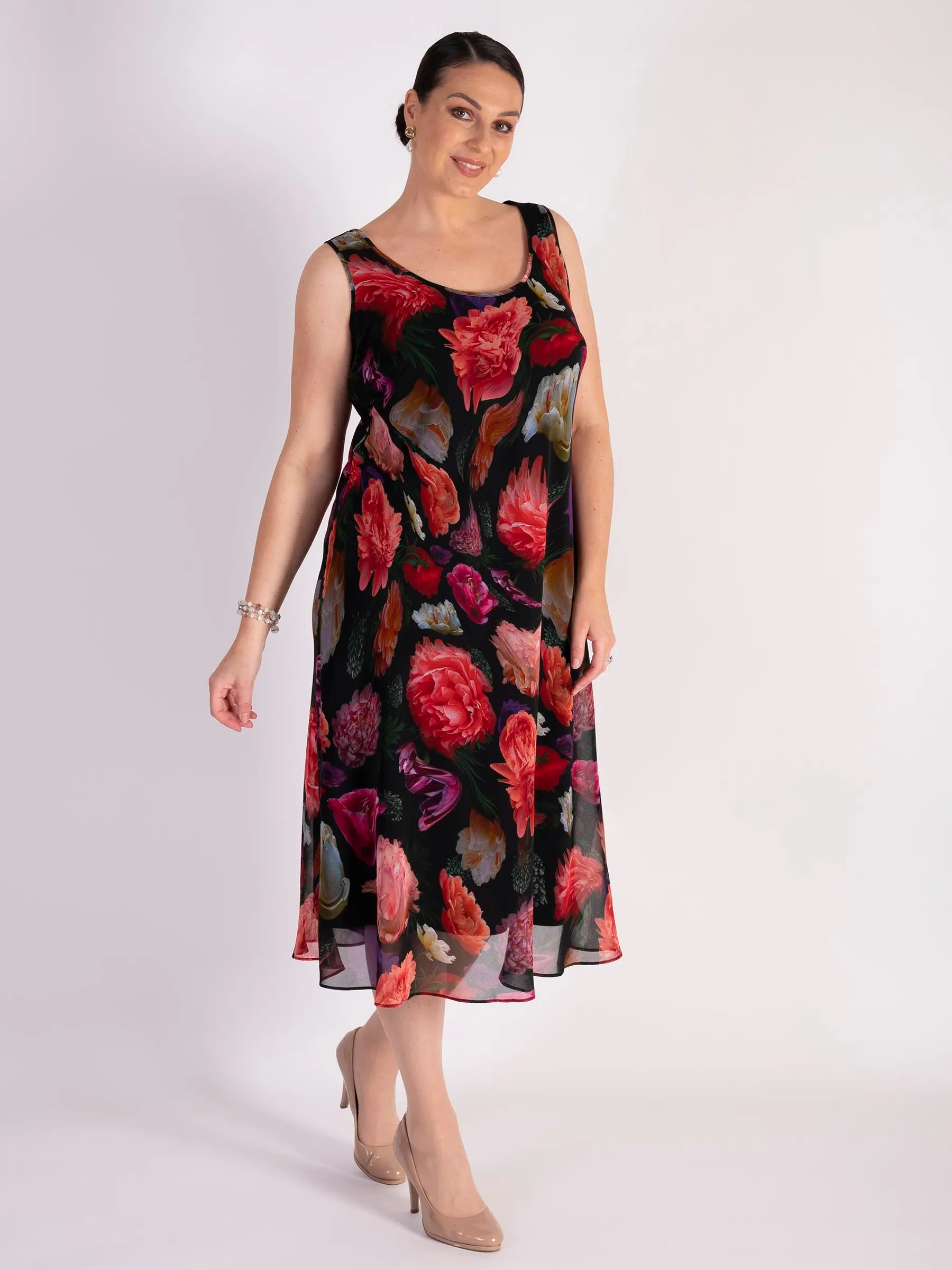 Black/Multi Rose Bouquet Print Bias Cut Chiffon Dress