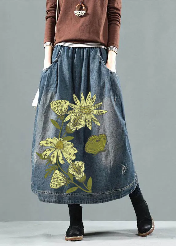 Blue-Colorful flowers Pockets Retro Patchwork Skirts Denim