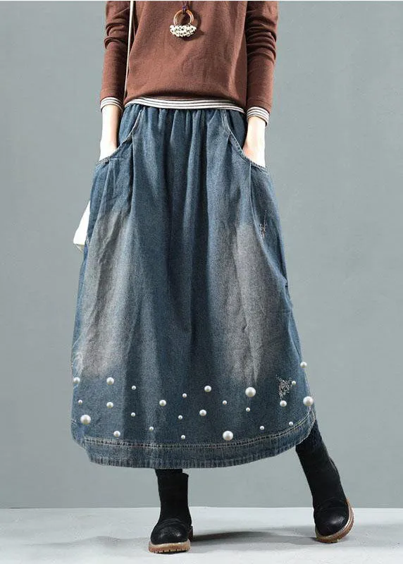 Blue-Colorful flowers Pockets Retro Patchwork Skirts Denim