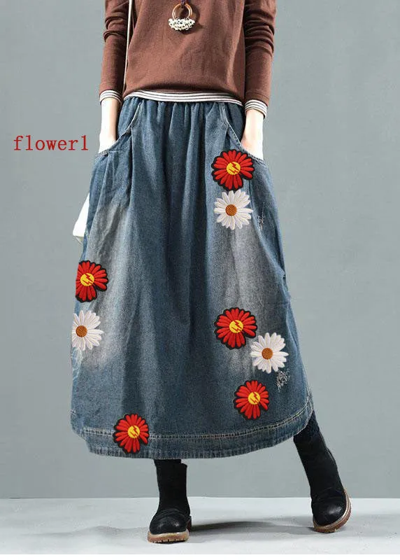 Blue-Colorful flowers Pockets Retro Patchwork Skirts Denim