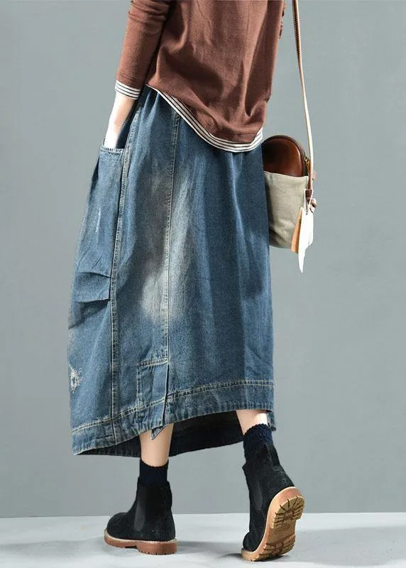 Blue-Colorful flowers Pockets Retro Patchwork Skirts Denim