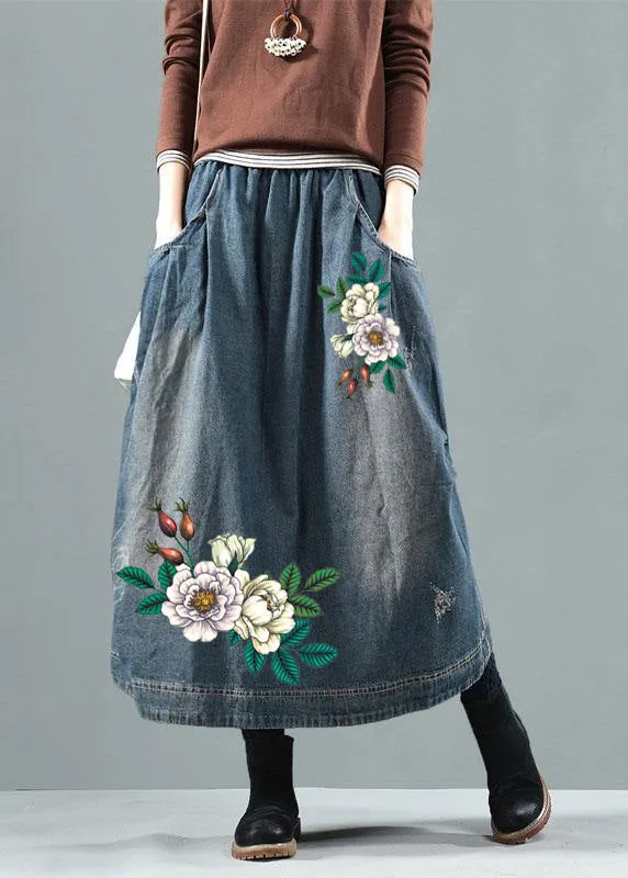 Blue-Colorful flowers Pockets Retro Patchwork Skirts Denim