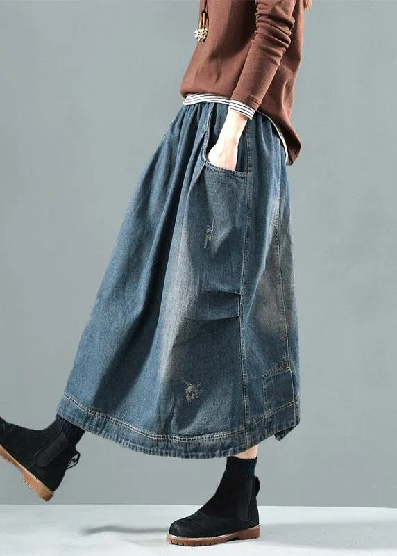 Blue-Colorful flowers Pockets Retro Patchwork Skirts Denim