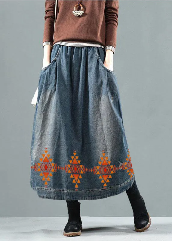 Blue-Colorful flowers Pockets Retro Patchwork Skirts Denim