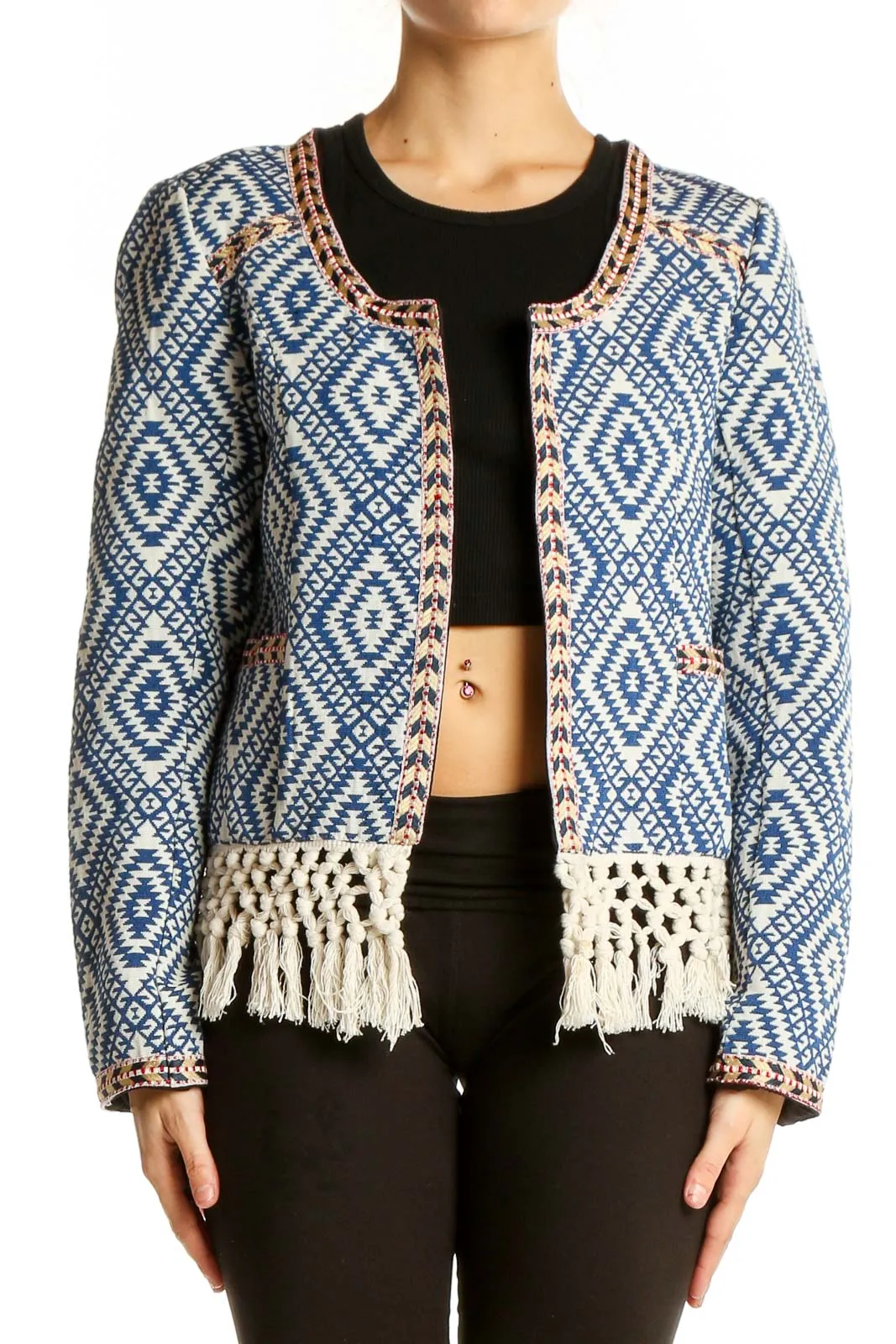 Blue Geometric Pattern Fringe Jacket