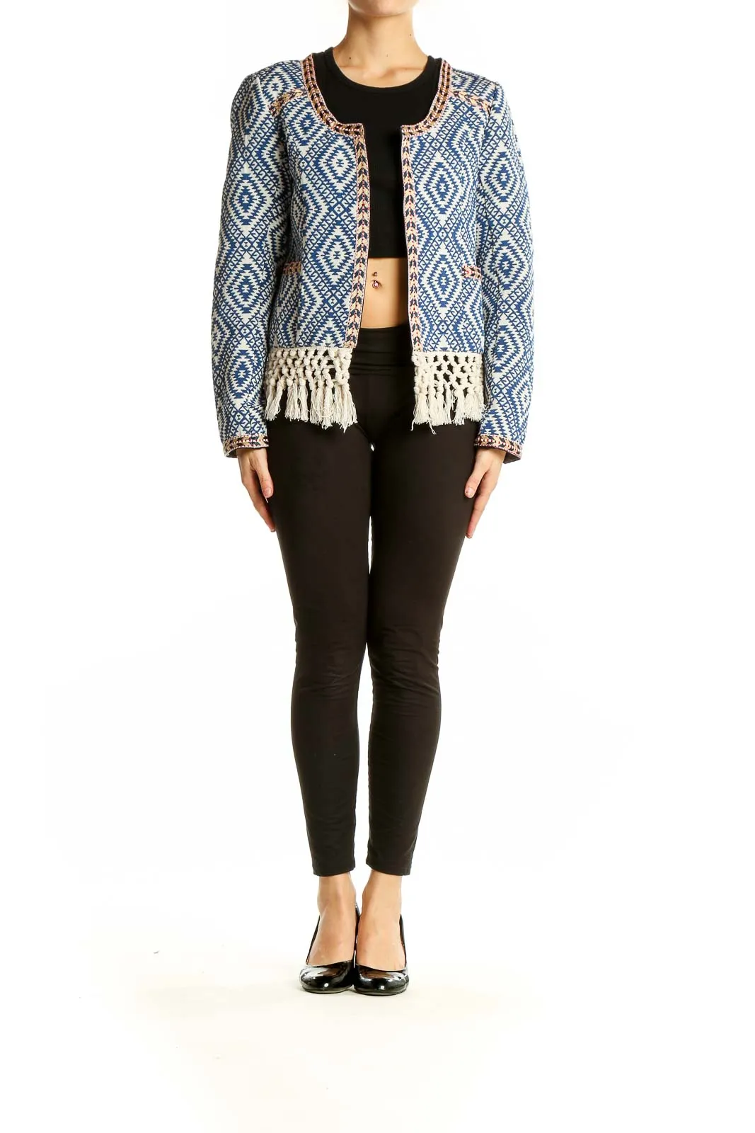 Blue Geometric Pattern Fringe Jacket