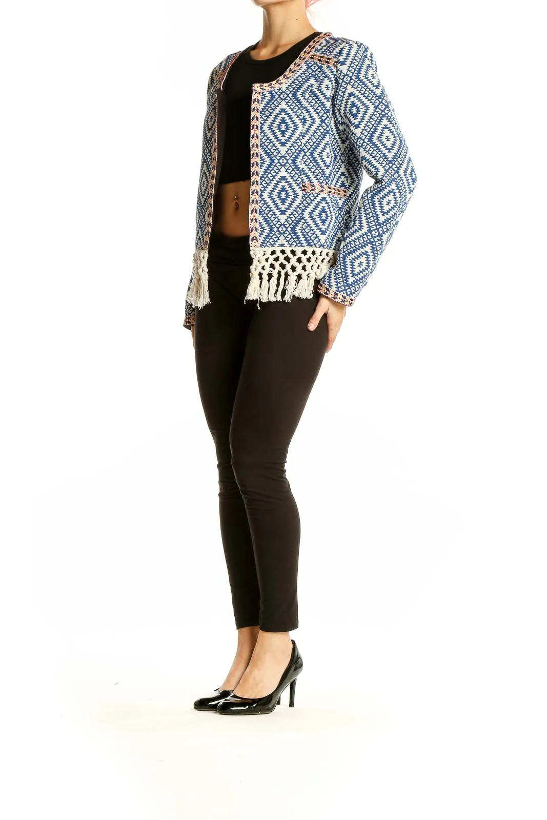 Blue Geometric Pattern Fringe Jacket