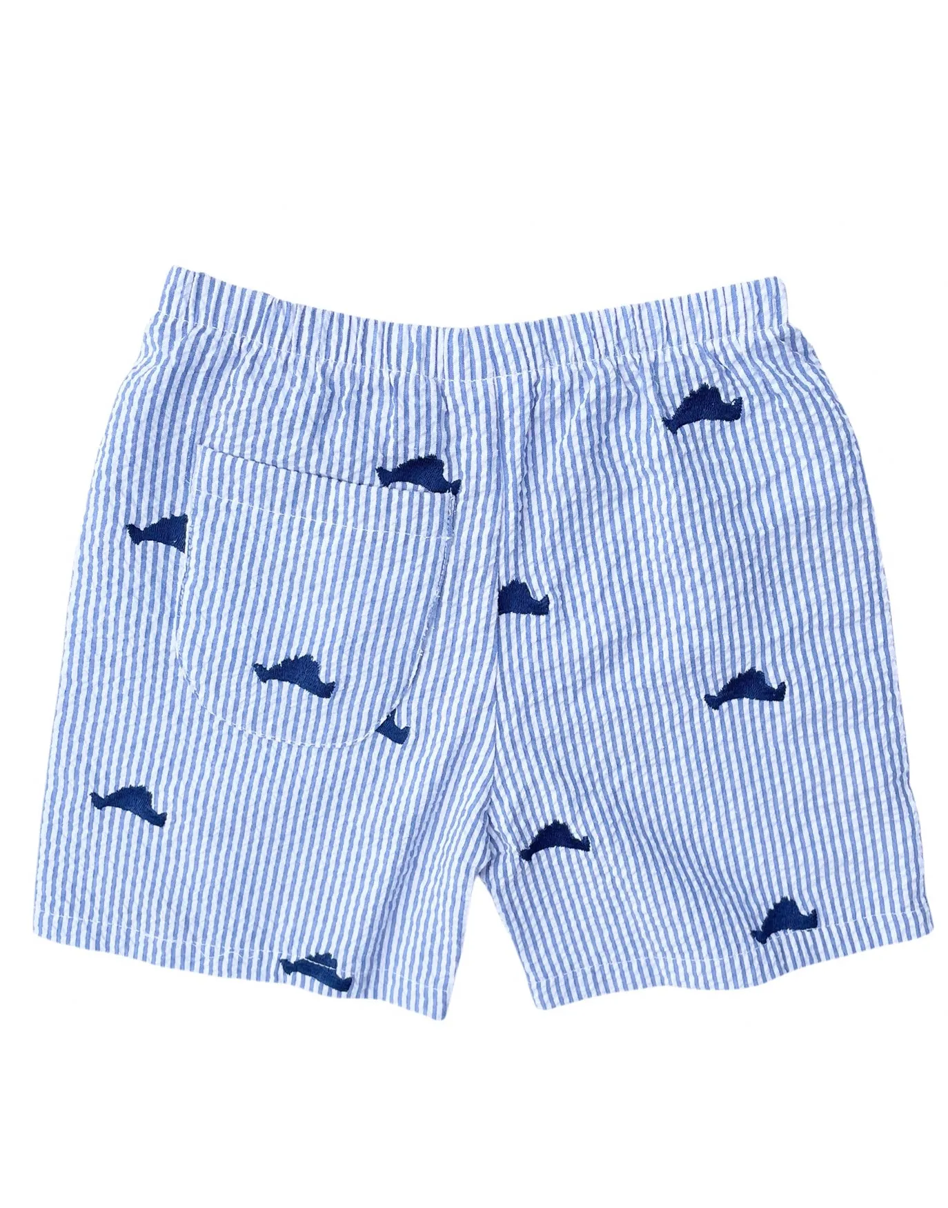 Blue Kids Seersucker Shorts with Navy Embroidered Martha's Vineyards