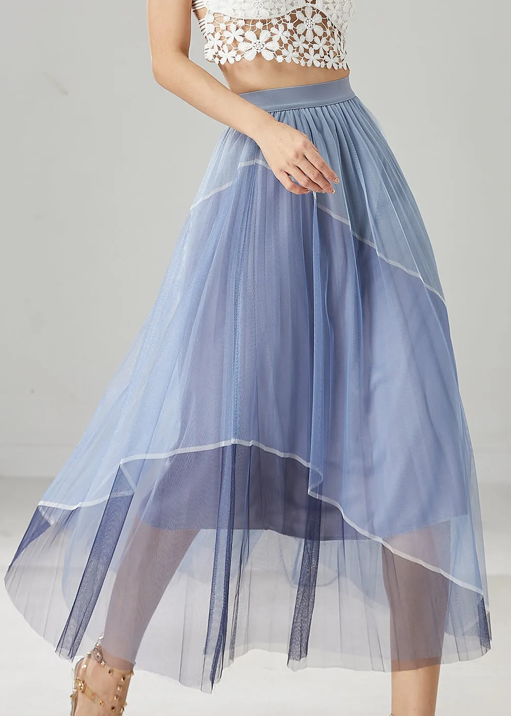 Blue Patchwork Tulle Vacation Skirts Elastic Waist Summer YU1030