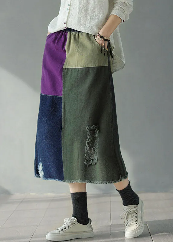 Bohemian Colorblock Elastic Waist Pockets Patchwork Hole Cotton Denim Skirts Fall