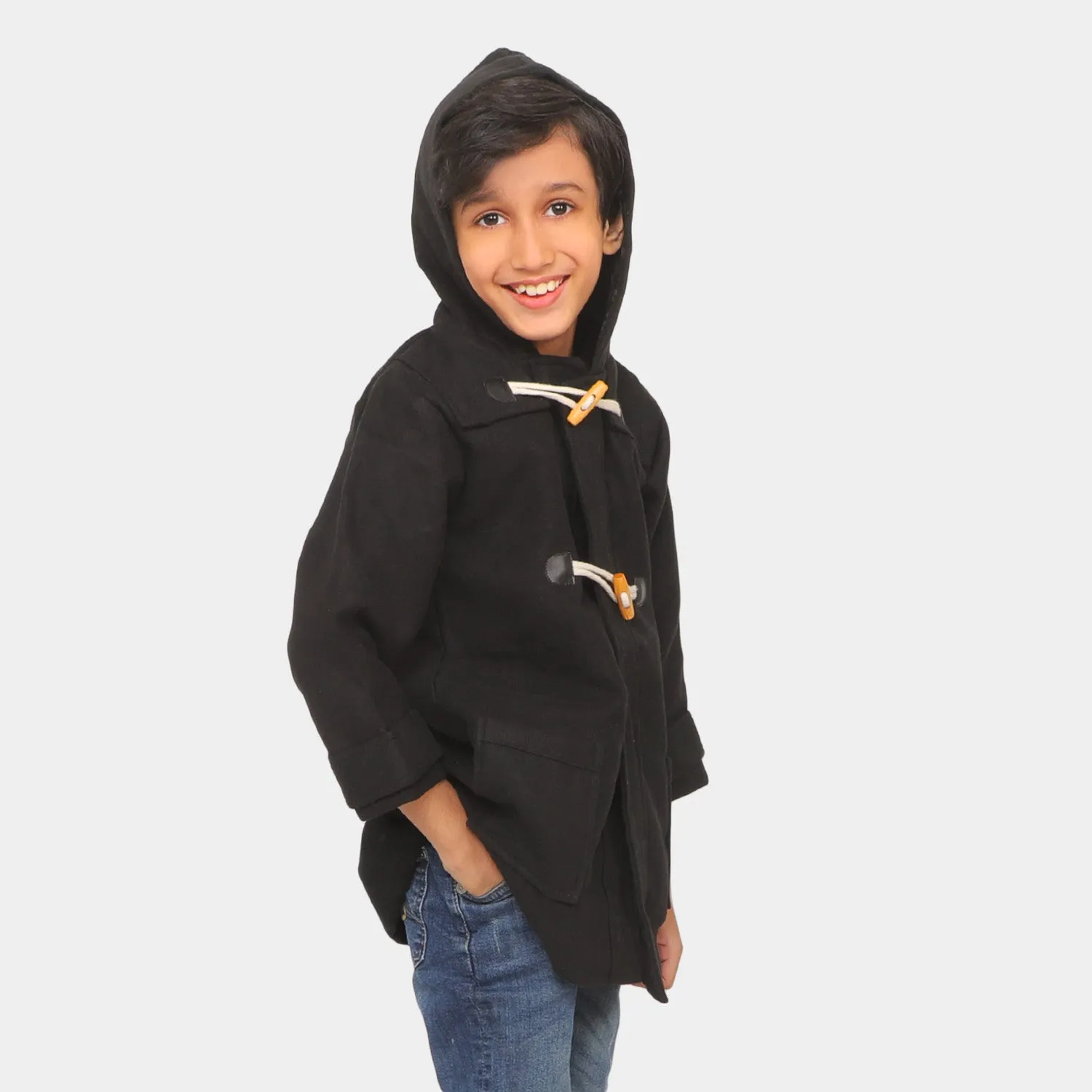 Boys Hooded Woolen Trench Coat - BLACK