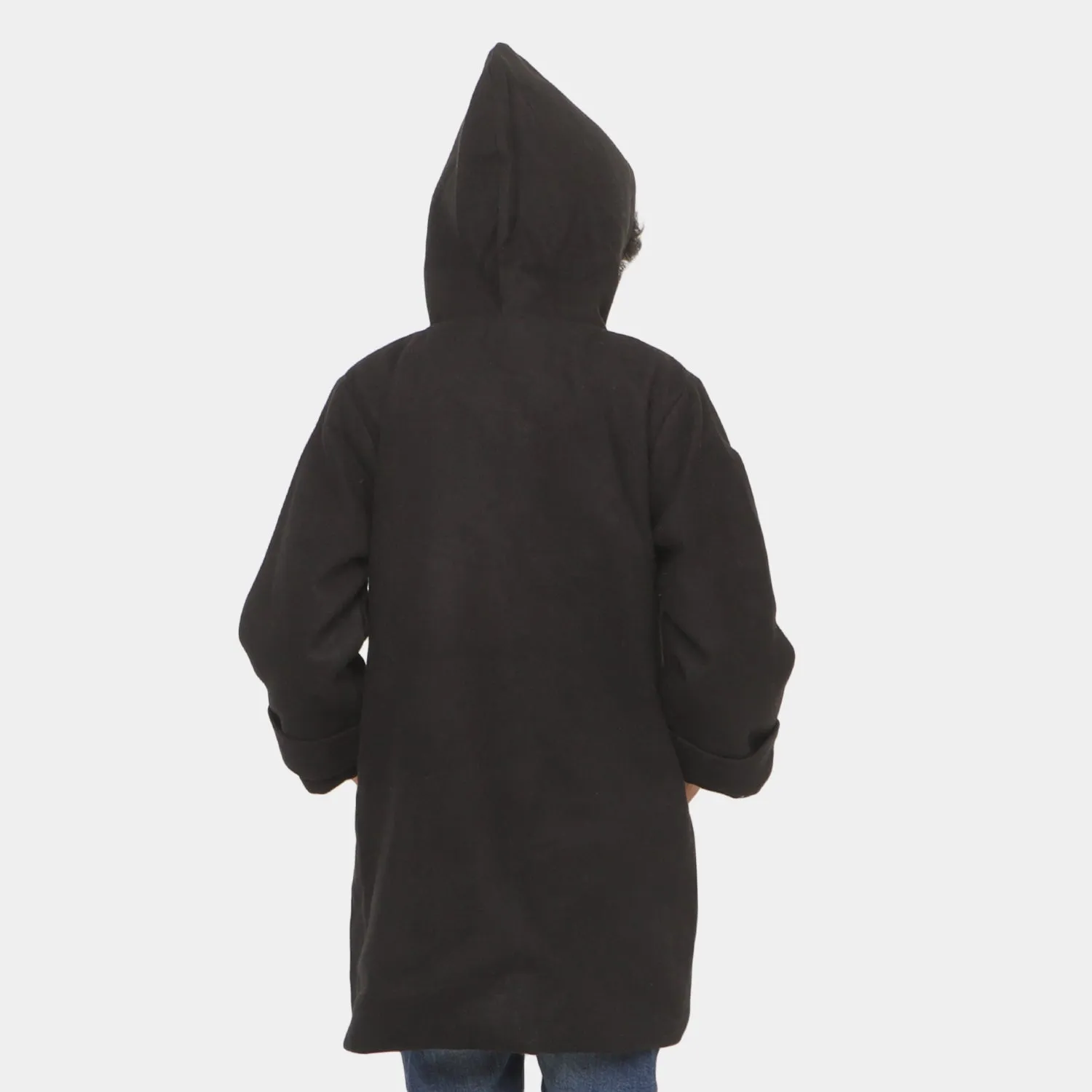 Boys Hooded Woolen Trench Coat - BLACK